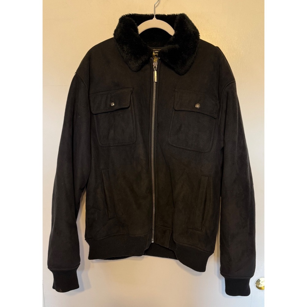 Bare Fox Mens Black Faux Suede Fur Lined Bomber Aviator Jacket 2XL